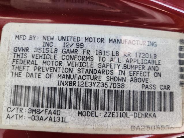 1NXBR12E3YZ357038 - 2000 TOYOTA COROLLA VE MAROON photo 12