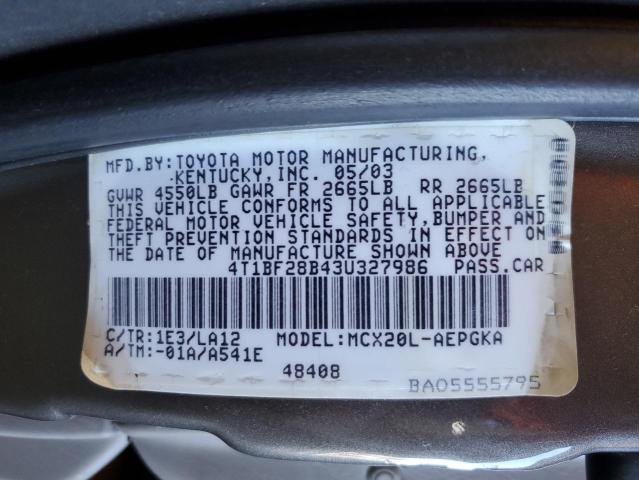 4T1BF28B43U327986 - 2003 TOYOTA AVALON XL GRAY photo 12