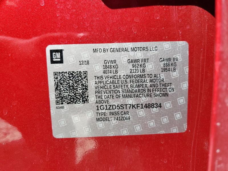 1G1ZD5ST7KF148834 - 2019 CHEVROLET MALIBU LT 红色 照片 12