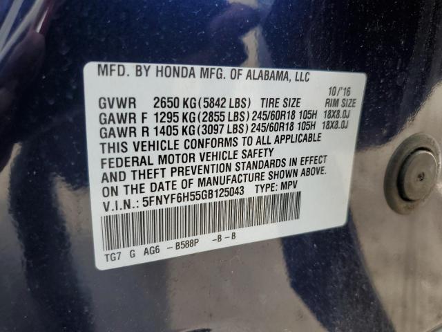 5FNYF6H55GB125043 - 2016 HONDA PILOT EXL BLUE photo 10