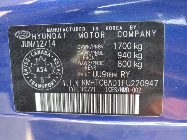 KMHTC6AD1FU220947 - 2014 HYUNDAI VELOSTER BLUE photo 12