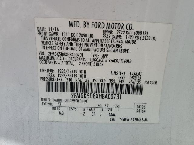 2FMGK5D8XHBA00731 - 2017 FORD FLEX LIMITED თეთრი ფოტო 14