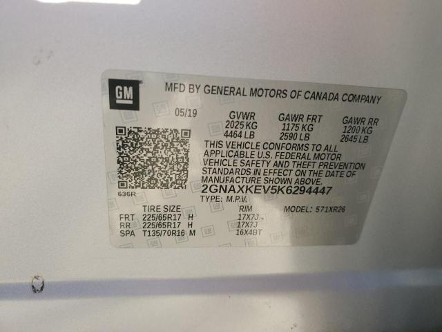 2GNAXKEV5K6294447 - 2019 CHEVROLET EQUINOX LT SILVER photo 13