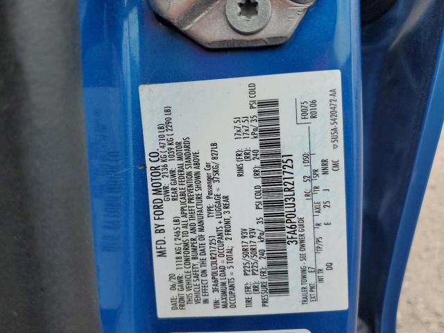 3FA6P0LU3LR217251 - 2020 FORD FUSION SE 蓝色 照片 12