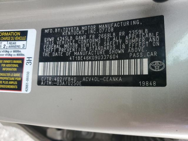 4T1BE46K09U337604 - 2009 TOYOTA CAMRY BASE GOLD photo 12