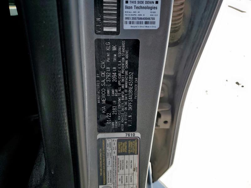 3KPF24AD8NE451852 - 2022 KIA FORTE FE SILVER photo 12