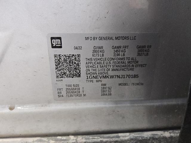 1GNEVMKW7NJ170185 - 2022 CHEVROLET TRAVERSE LT SILVER photo 13
