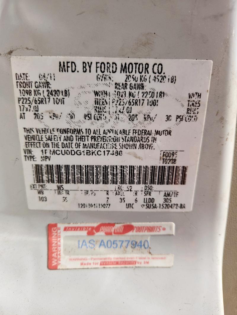 1FMCU0DG1BKC17486 - 2011 FORD ESCAPE XLT WHITE photo 13