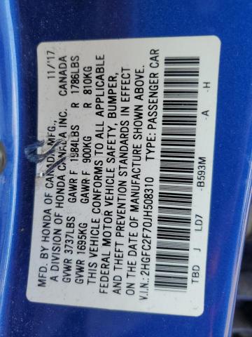 2HGFC2F70JH508310 - 2018 HONDA CIVIC EX 蓝色 照片 13