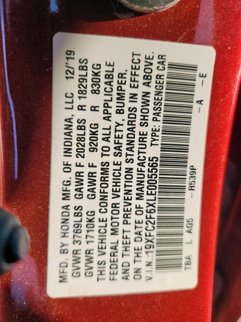 19XFC2F6XLE005565 - 2020 HONDA CIVIC LX RED photo 12