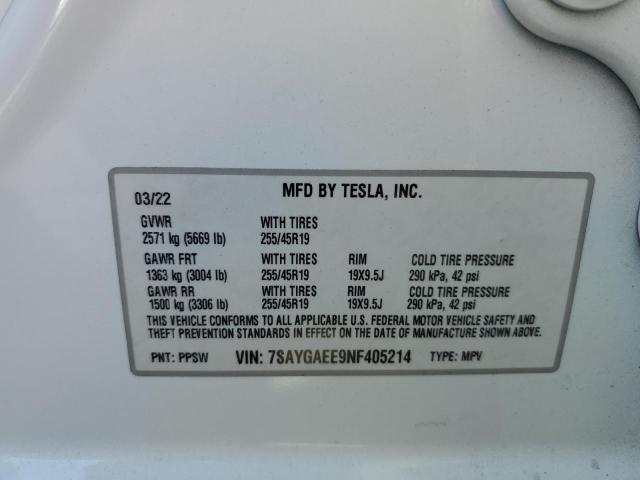 7SAYGAEE9NF405214 - 2022 TESLA MODEL Y Blanco foto 12