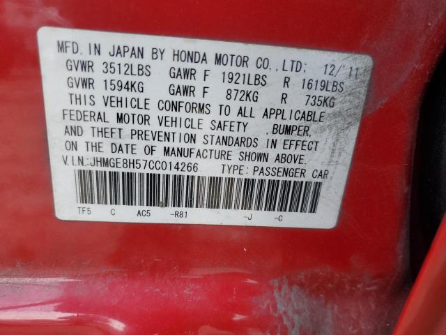 JHMGE8H57CC014266 - 2012 HONDA FIT SPORT RED photo 13