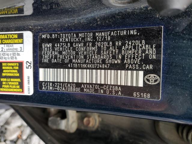 4T1B11HK4KU724847 - 2019 TOYOTA CAMRY L 蓝色 照片 12