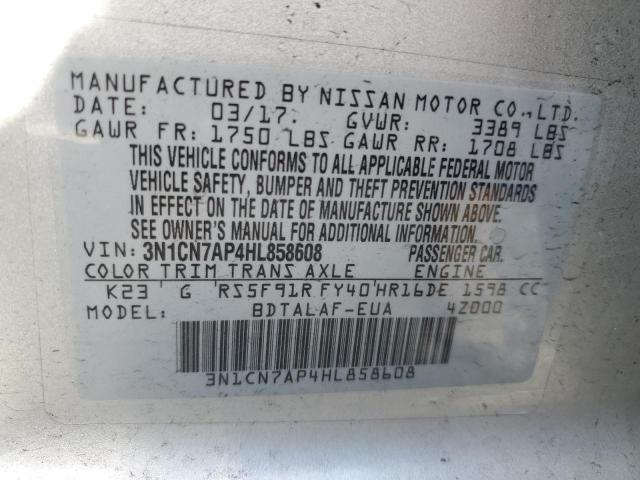 3N1CN7AP4HL858608 - 2017 NISSAN VERSA S SILVER photo 13