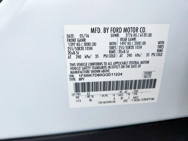 1FM5K7D80GGD11224 - 2016 FORD EXPLORER XLT 白色 照片 13