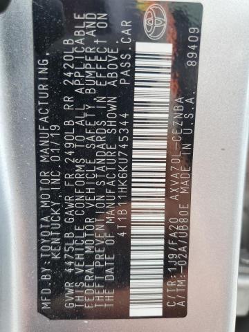 4T1B11HK6KU745344 - 2019 TOYOTA CAMRY L SILVER photo 12