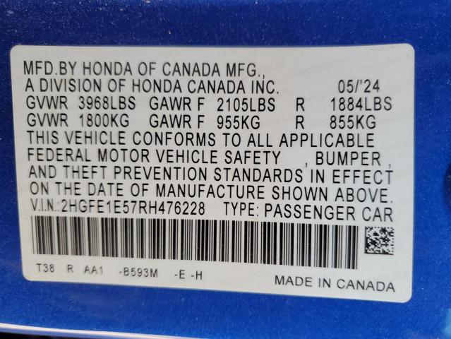 2HGFE1E57RH476228 - 2024 HONDA CIVIC SI 蓝色 照片 12