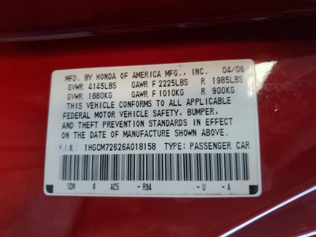 1HGCM72626A018158 - 2006 HONDA ACCORD EX RED photo 12