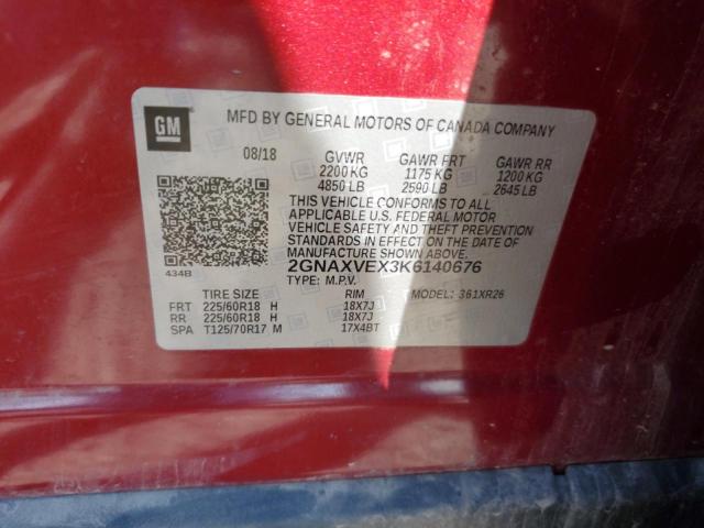 2GNAXVEX3K6140676 - 2019 CHEVROLET EQUINOX LT წითელი ფოტო 12