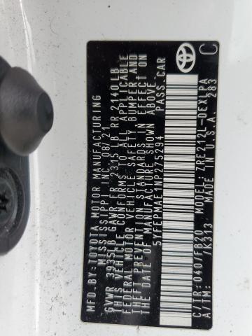 5YFEPMAE1NP275294 - 2022 TOYOTA COROLLA LE WHITE photo 12