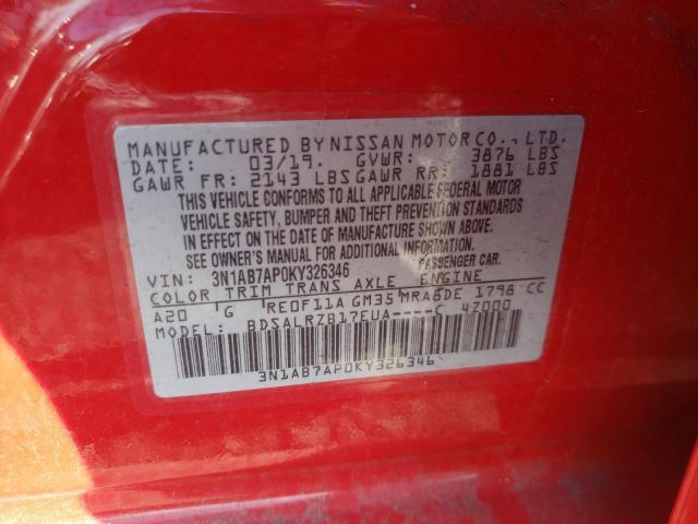 3N1AB7AP0KY326346 - 2019 NISSAN SENTRA S RED photo 13