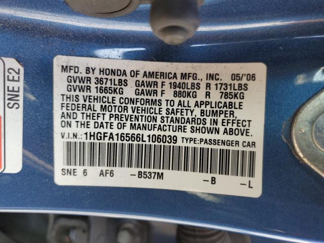 1HGFA16566L106039 - 2006 HONDA CIVIC LX BLUE photo 12