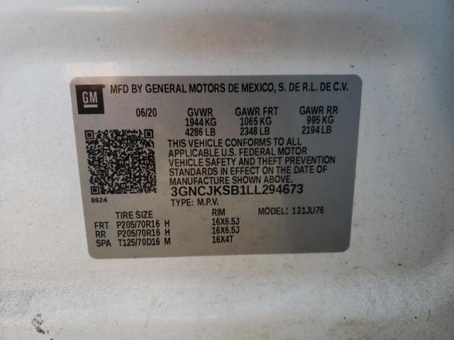 3GNCJKSB1LL294673 - 2020 CHEVROLET TRAX LS WHITE photo 12