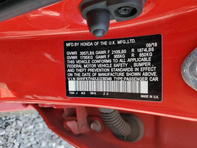 SHHFK7H4XJU239349 - 2018 HONDA CIVIC SPORT RED photo 12