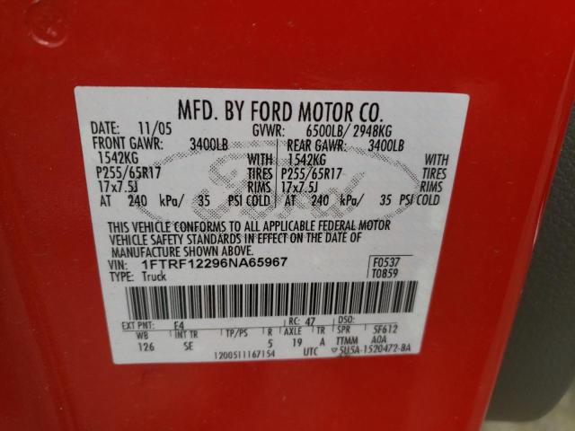 1FTRF12296NA65967 - 2006 FORD F150 RED photo 12