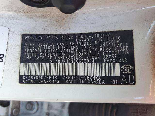 2T1BURHE1GC683814 - 2016 TOYOTA COROLLA L WHITE photo 12