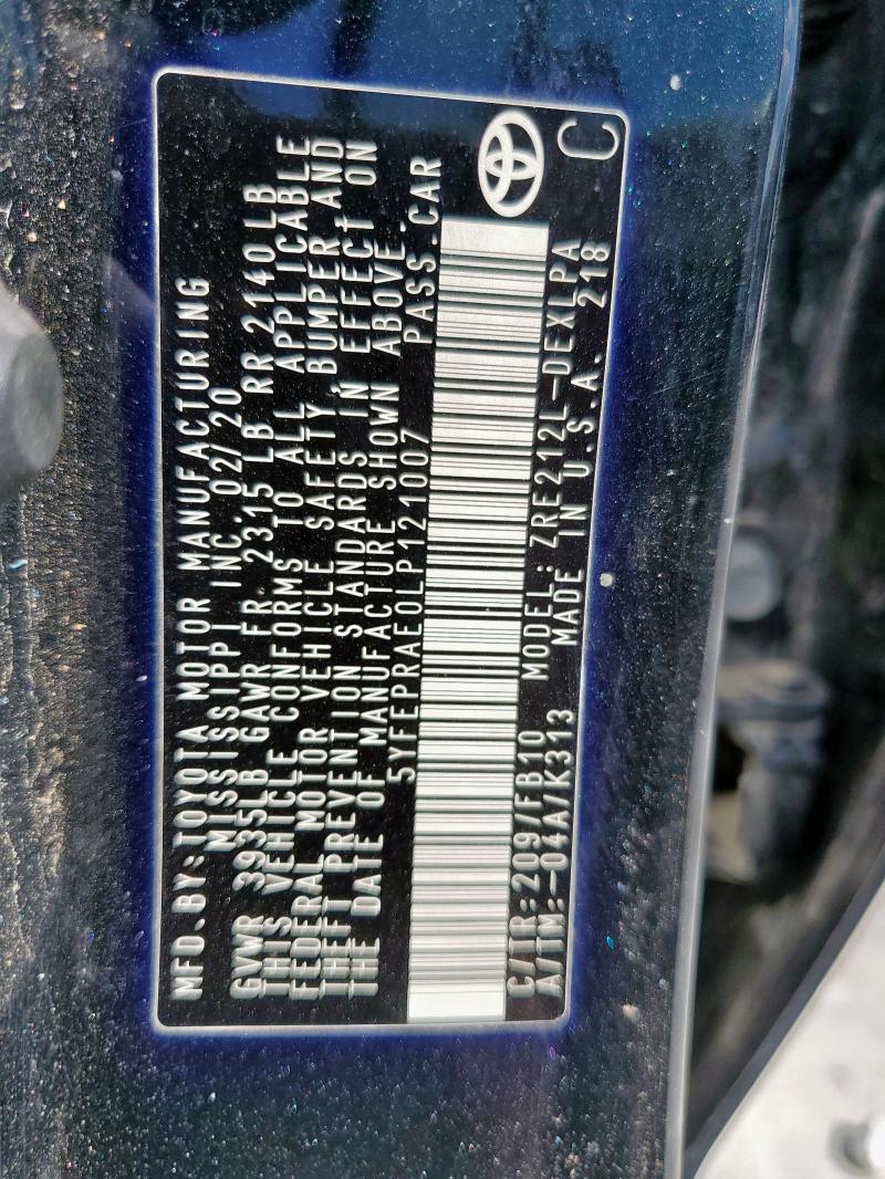 5YFEPRAE0LP121007 - 2020 TOYOTA COROLLA LE BLACK photo 12