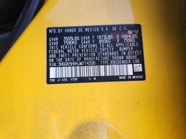 3HGGK5H94JM714206 - 2018 HONDA FIT EX Դեղին լուսանկար 12