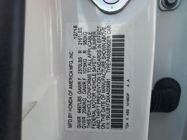 19UUB1F3XKA008981 - 2019 ACURA TLX WHITE photo 12
