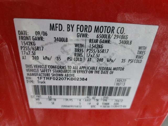 1FTRF02207KB02384 - 2007 FORD F150 RED photo 12