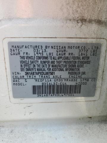 3N1AB7APXDL697501 - 2013 NISSAN SENTRA S 白色 照片 12