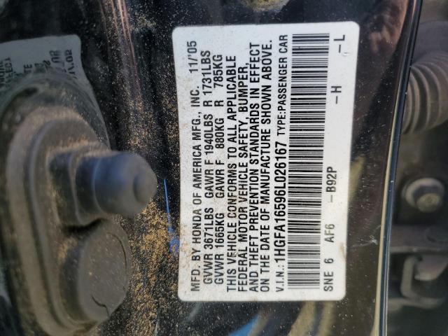 1HGFA16596L026167 - 2006 HONDA CIVIC LX BLACK photo 12