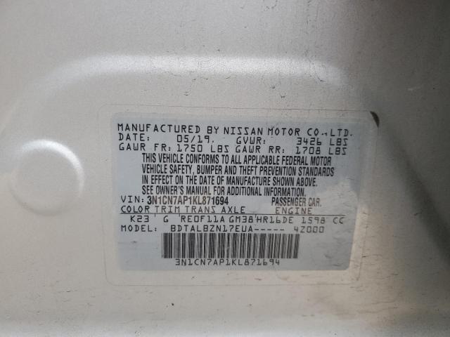 3N1CN7AP1KL871694 - 2019 NISSAN VERSA S SILVER photo 13