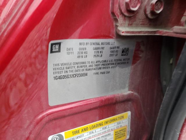 1G4GD5G32CF236694 - 2012 BUICK LACROSSE PREMIUM წითელი ფოტო 12