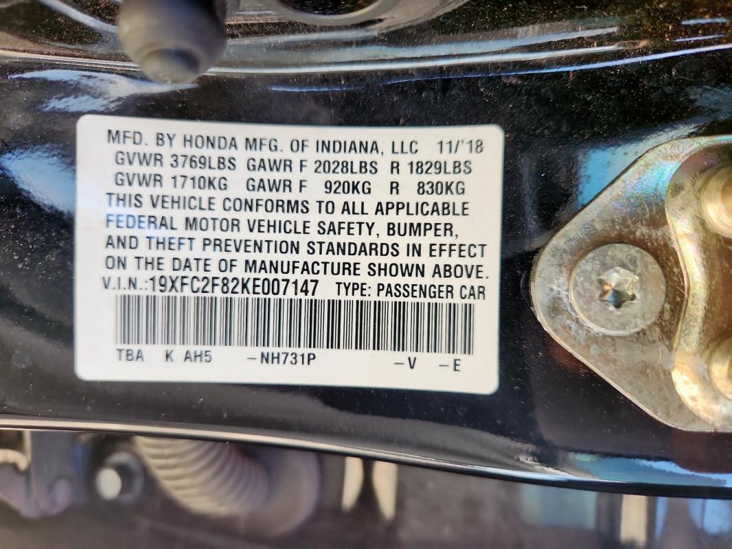 19XFC2F82KE007147 - 2019 HONDA CIVIC SPORT Қара фото 12