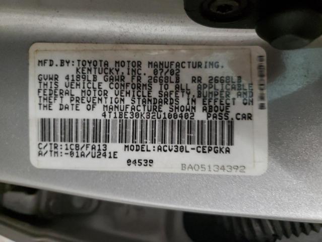 4T1BE30K82U100402 - 2002 TOYOTA CAMRY LE SILVER photo 12