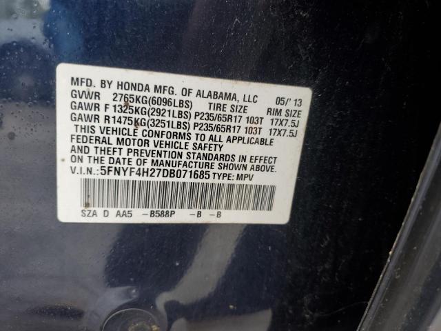 5FNYF4H27DB071685 - 2013 HONDA PILOT LX Mavi foto 13