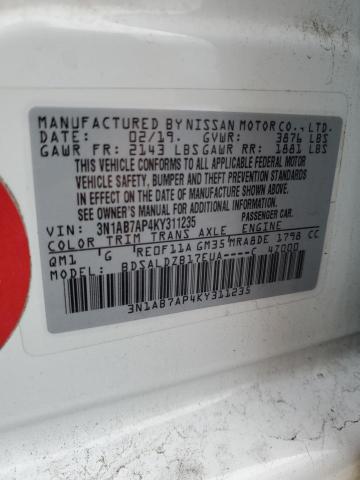 3N1AB7AP4KY311235 - 2019 NISSAN SENTRA S WHITE photo 12