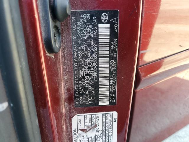 JTDBE32K930229629 - 2003 TOYOTA CAMRY LE Bordo foto 13