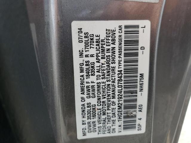 1HGEM21924L078434 - 2004 HONDA CIVIC EX CHARCOAL photo 12