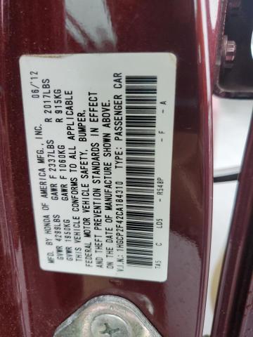 1HGCP2F42CA184310 - 2012 HONDA ACCORD LXP მუქწითელი ფოტო 13