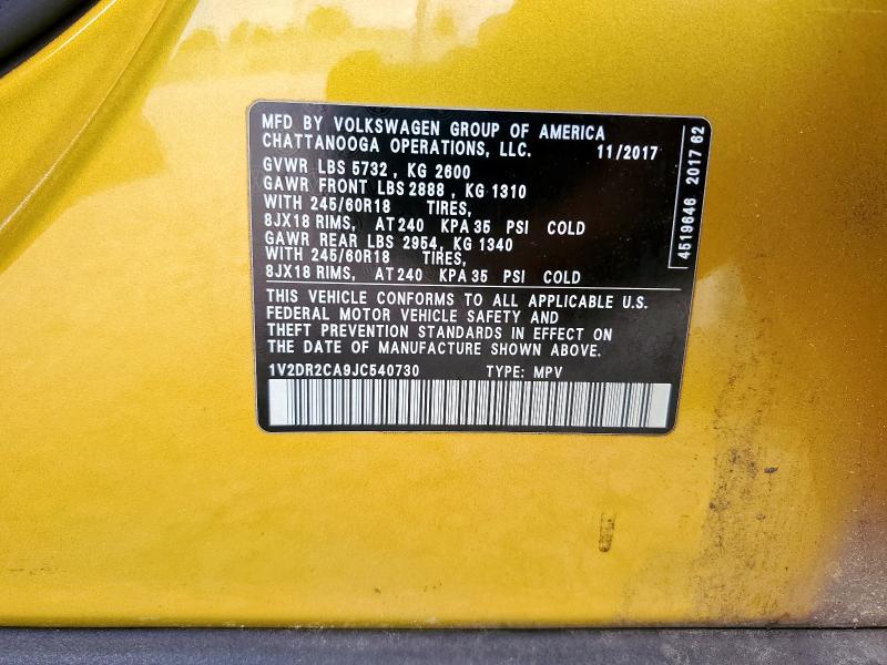 1V2DR2CA9JC540730 - 2018 VOLKSWAGEN ATLAS SE YELLOW photo 13