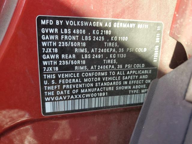 WVGAV7AXXCW001891 - 2012 VOLKSWAGEN TIGUAN S Tünd qırmızı foto 13