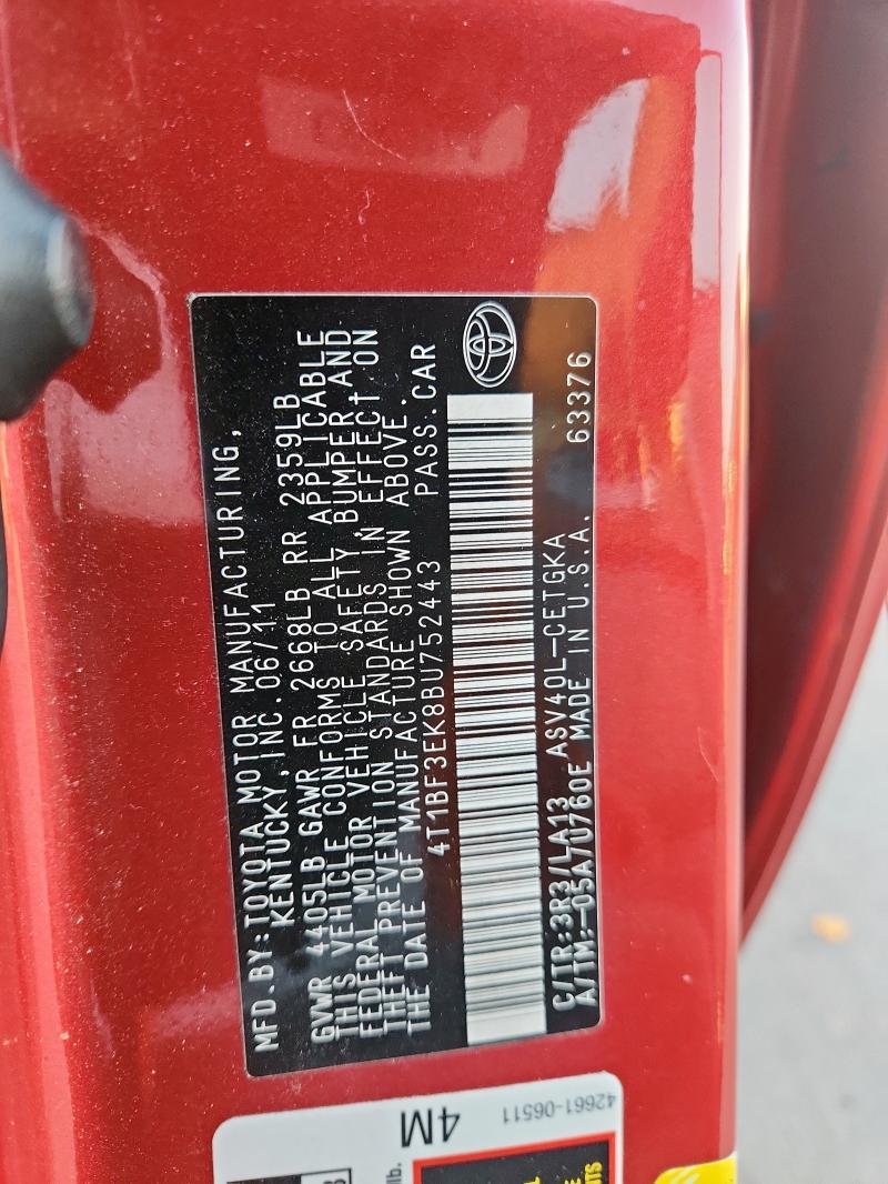 4T1BF3EK8BU752443 - 2011 TOYOTA CAMRY BASE RED photo 12
