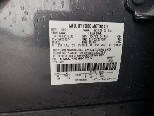1FMSK7FH7MGC17014 - 2021 FORD EXPLORER LIMITED GRAY photo 13