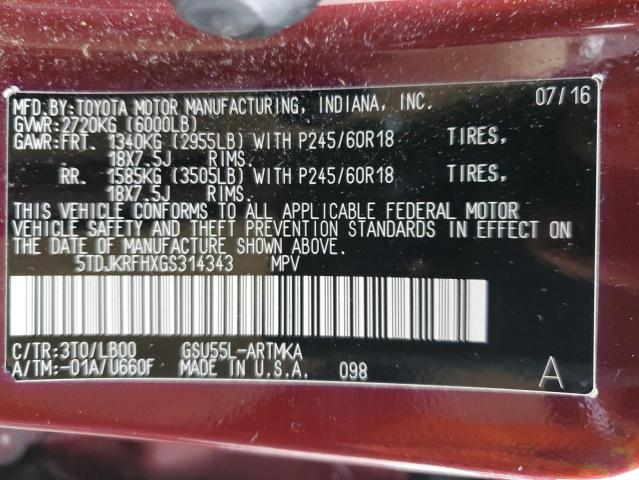 5TDJKRFHXGS314343 - 2016 TOYOTA HIGHLANDER XLE MAROON photo 12